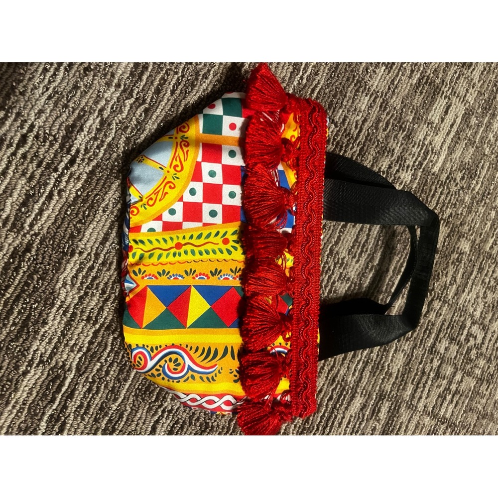 Sicilian Print Mini Tote Bag Red Tassel Trim Patchwork Multi Zip Top Handbag